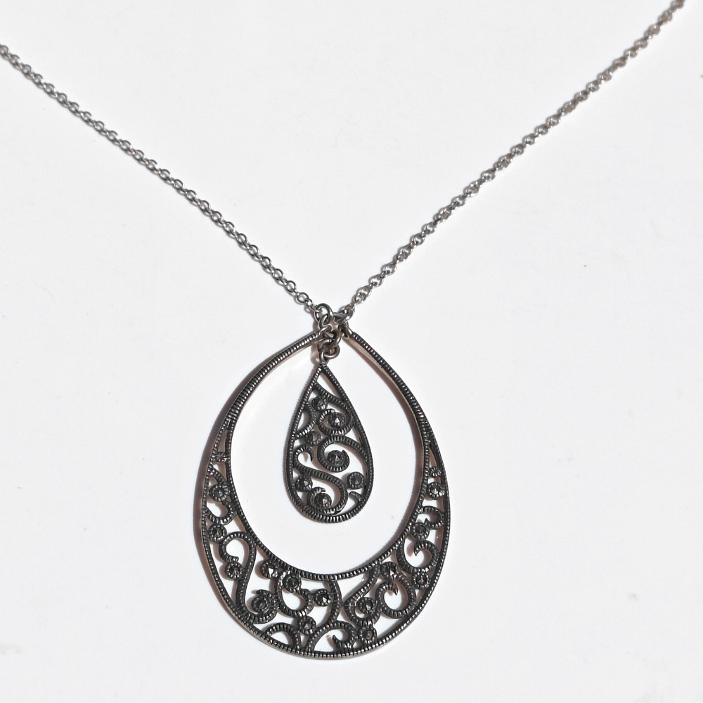 Sterling Silver Marcasite Double Teardrop Filigree Pendant Necklace 925 Thailand